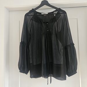 Black Ruffled Sheer Blouse Long Sleeve Business Medium